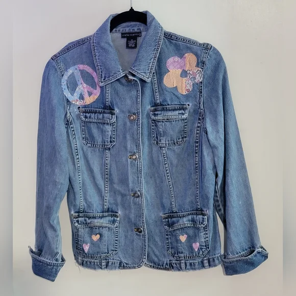 Upcyled Peace Applique Distressed Jean Jacket - Picture 4 of 15